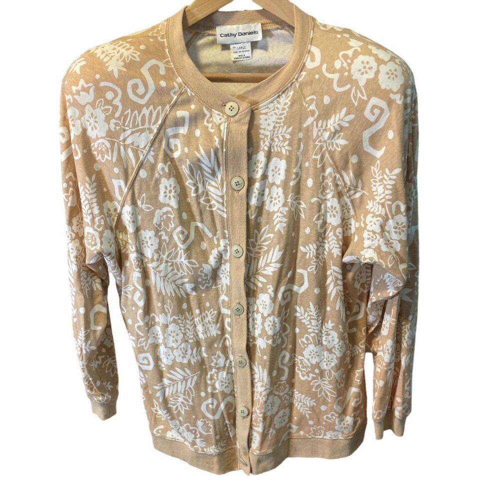 Cathy Daniels Tan White Patterned Buttoned Long Sleeve Cardigan Sweater Sz Large